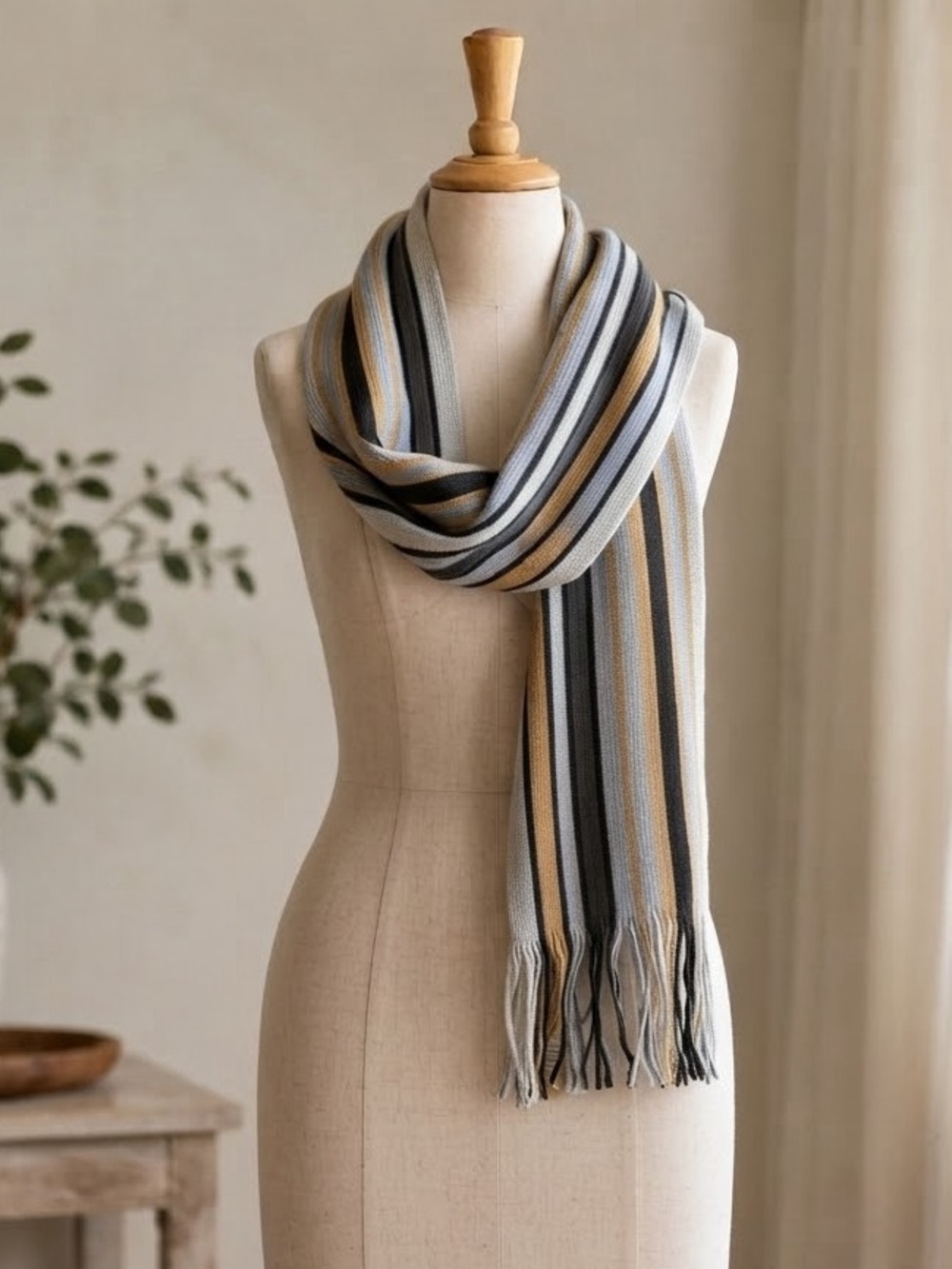 Paoletti Firenze Vintage Striped Knit Scarf Multi-Color Neutral Fringe